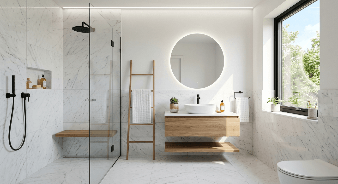 Badrumsrenovering – Marmor & trä